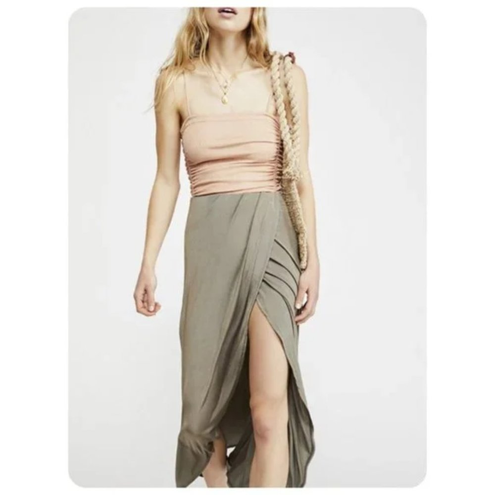 Free People Smoke & Mirrors Faux Wrap Maxi Skirt sz L Elastic waistband